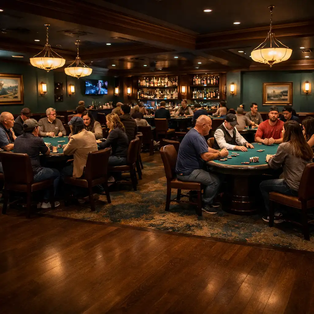 Golden Marquee Card Lounge in the evening with multiple physical poker tables and guests engaged in face-to-face play
