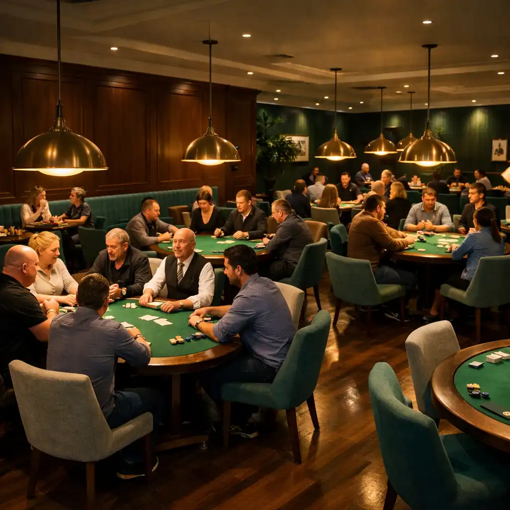The Card Lounge at Golden Marquee with several physical poker tables, people seated face-to-face, and warm pendant lights over each table