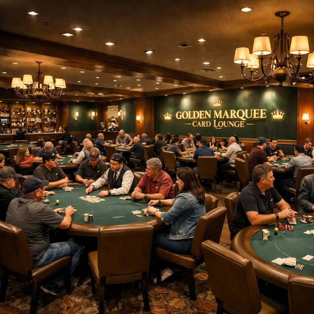 Wide-angle view of the Golden Marquee Card Lounge with several physical poker tables and guests interacting
