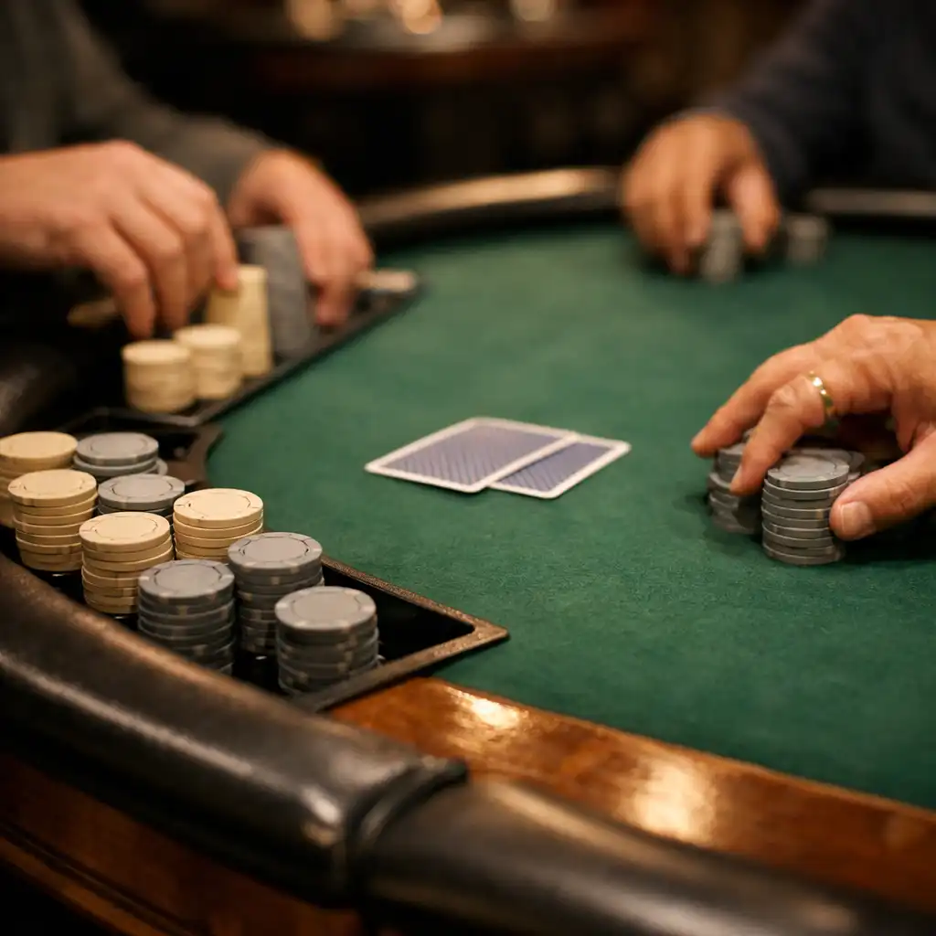 Close-up of a physical poker table with green felt, built-in chip trays holding neutral chips, and players' hands reaching for cards