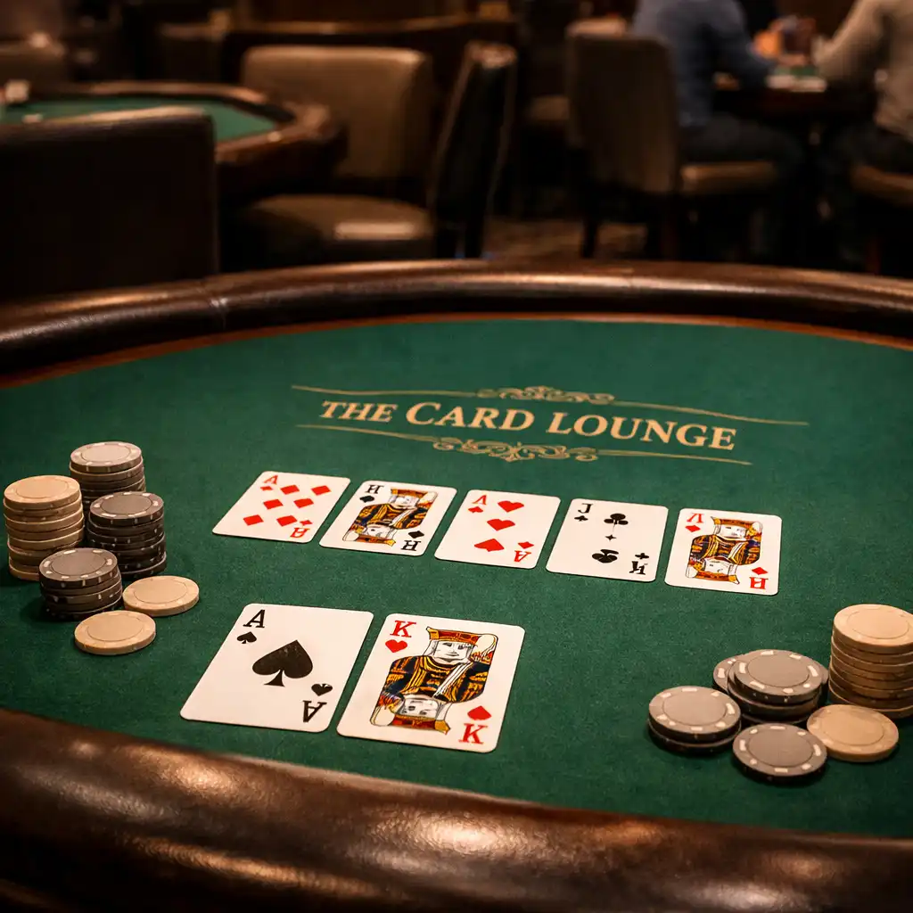 Close-up of a physical poker table with playing cards and neutral chips in the Card Lounge
