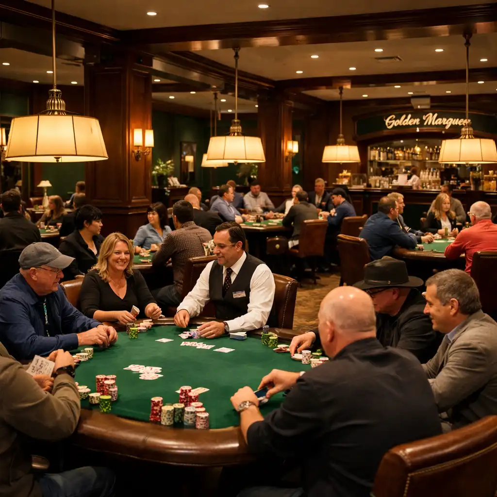 Wide view of the Card Lounge at Golden Marquee with several poker tables, guests seated and playing face-to-face under warm pendant lighting
