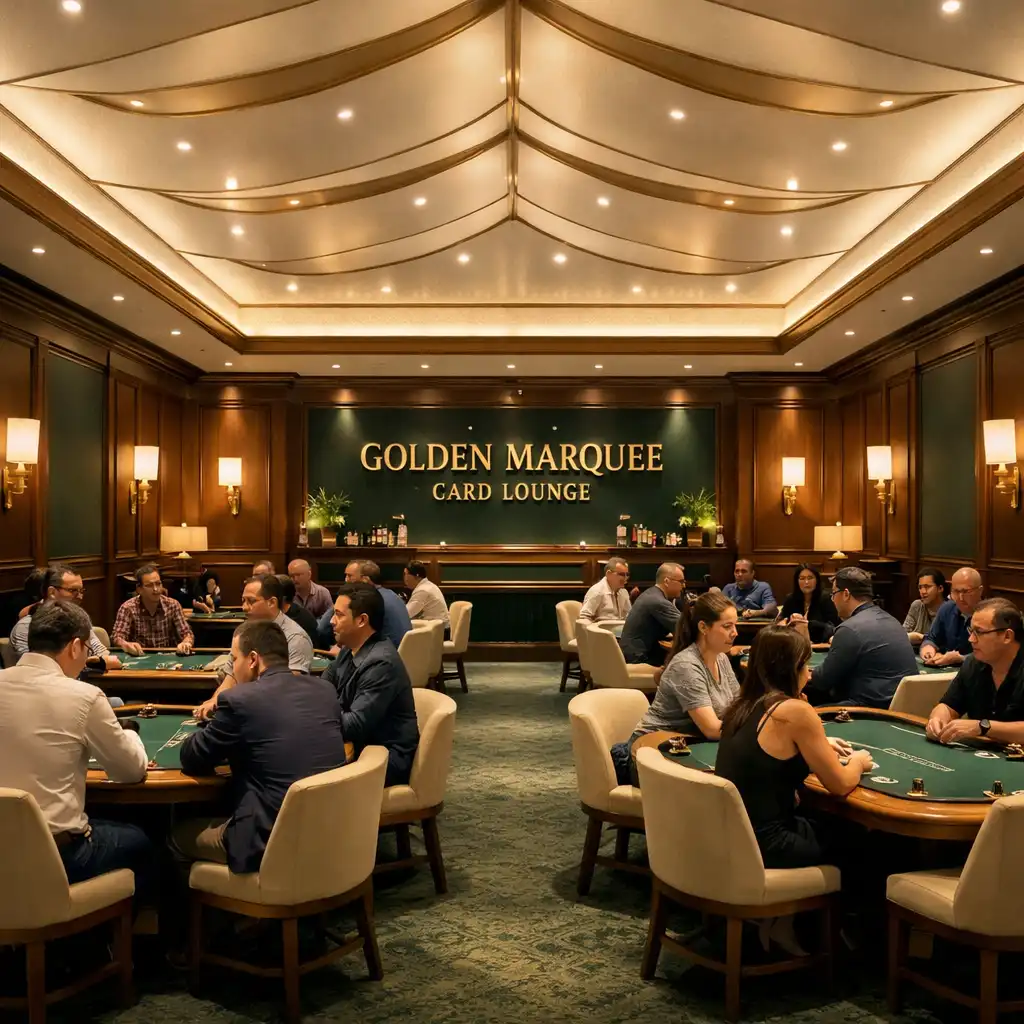 Wide view of the Golden Marquee Card Lounge with multiple physical poker tables, warm wood paneling, and groups of people playing face-to-face.