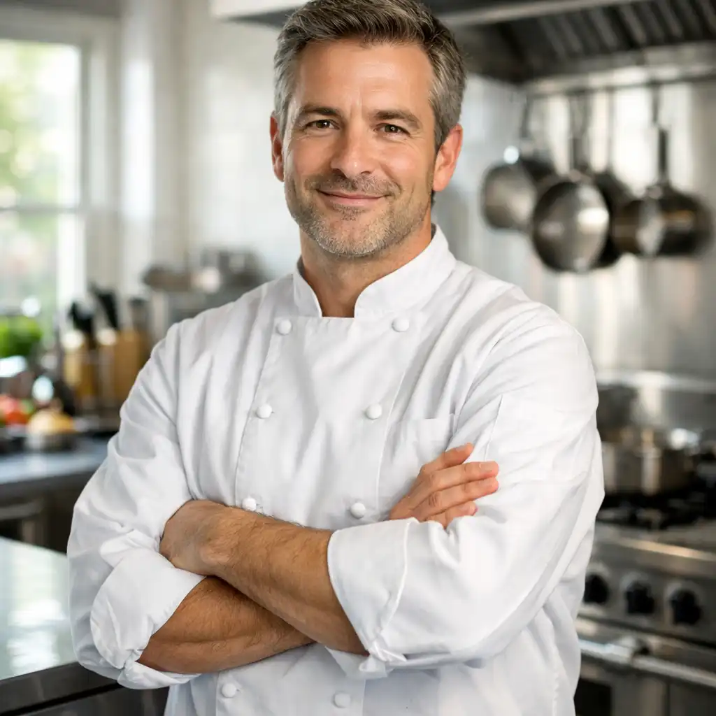 Portrait of a chef in a white jacket, arms crossed, standing in a bright kitchen.