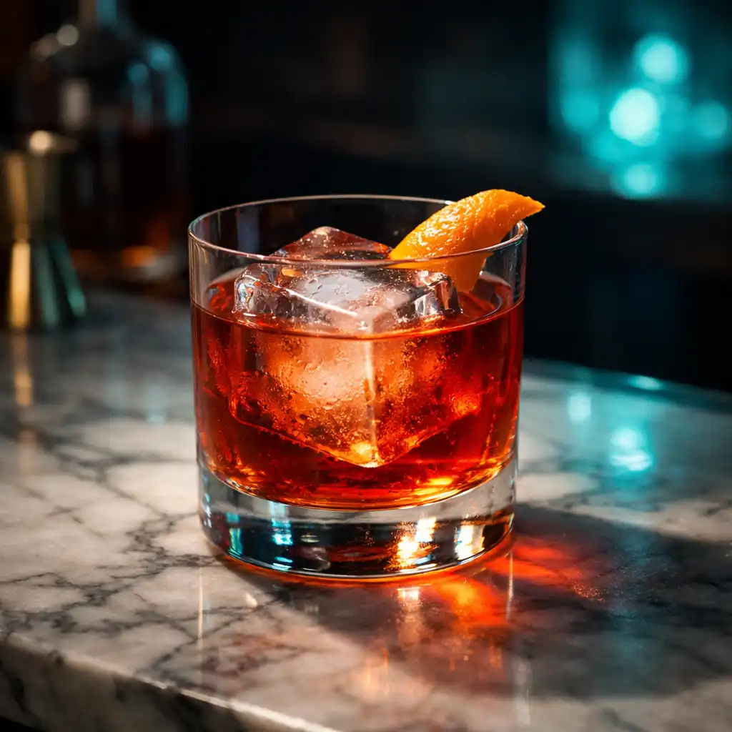 A Coastal Negroni cocktail in a rocks glass with a large ice cube and an orange twist on a marble bar top.