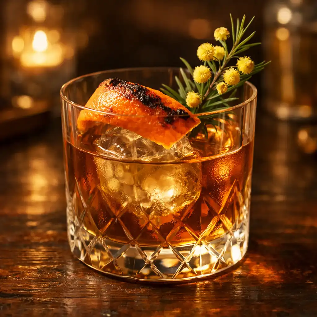 A Wattle Old Fashioned cocktail in a crystal glass with a burnt orange peel and a sprig of native herb.