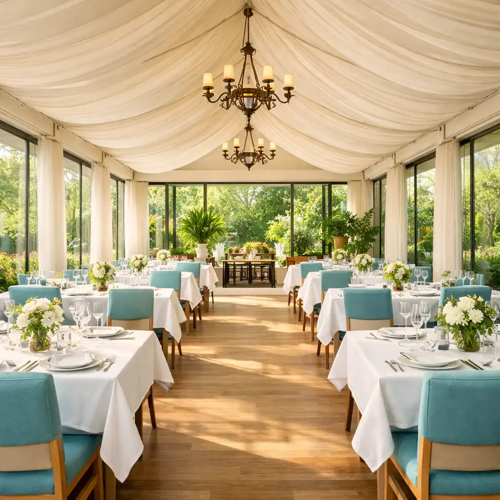 Elegant garden pavilion dining room filled with natural light and refined table settings