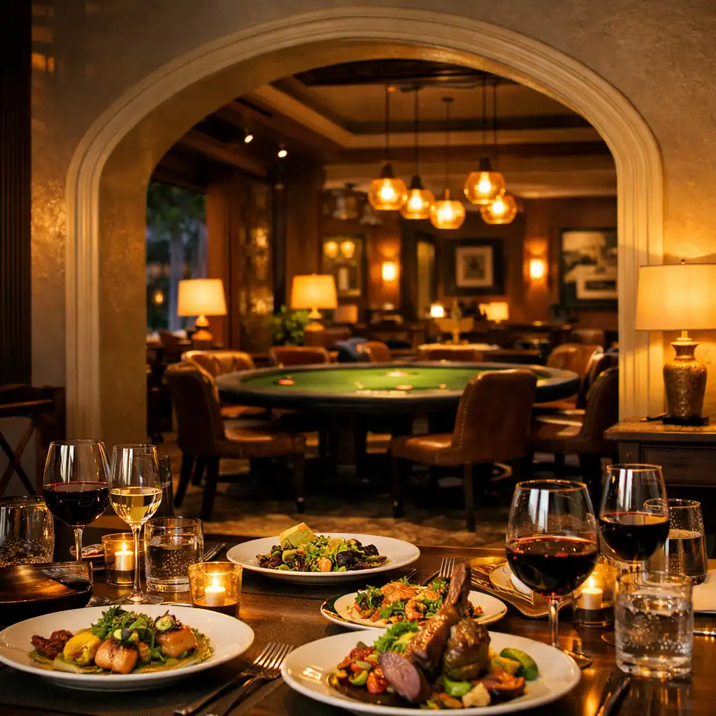 A set dining table in the foreground with the Card Lounge visible through an open archway in the background