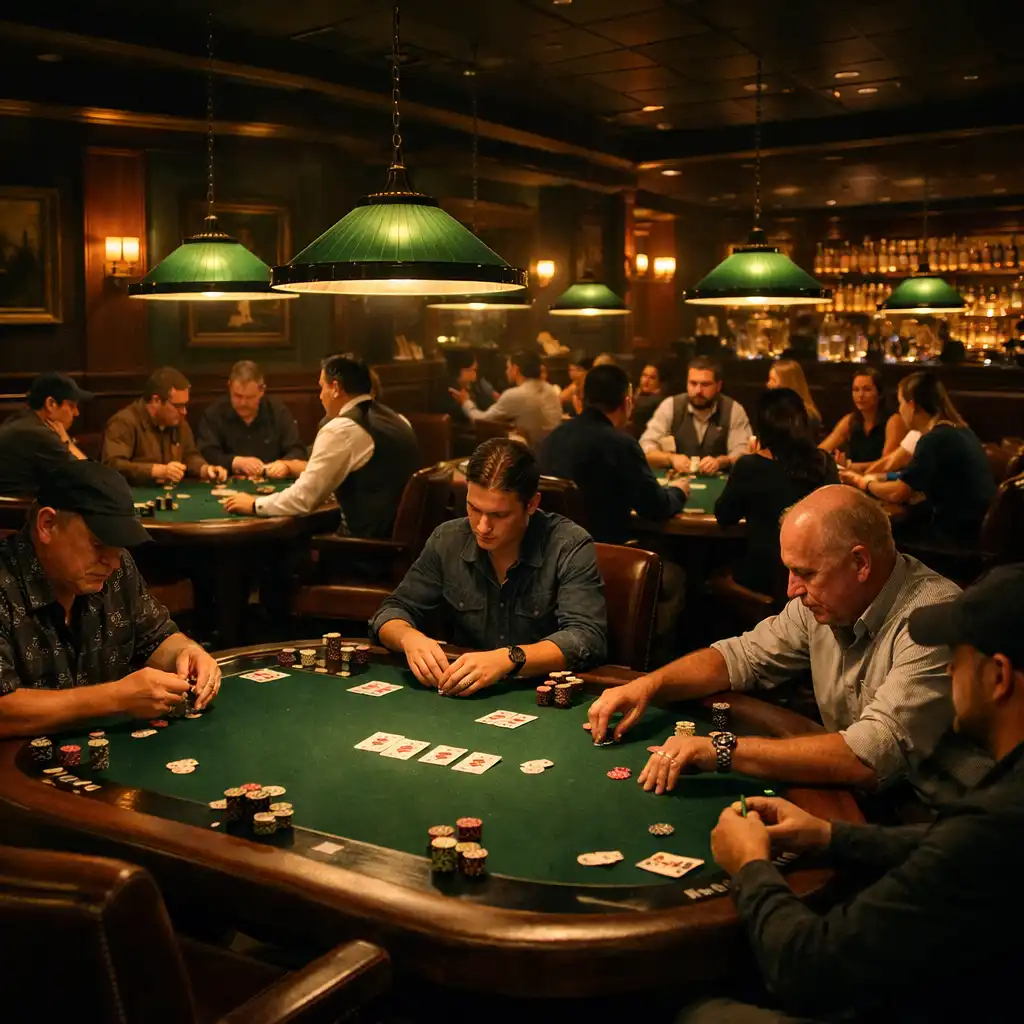 Golden Marquee Card Lounge with multiple physical poker tables and players