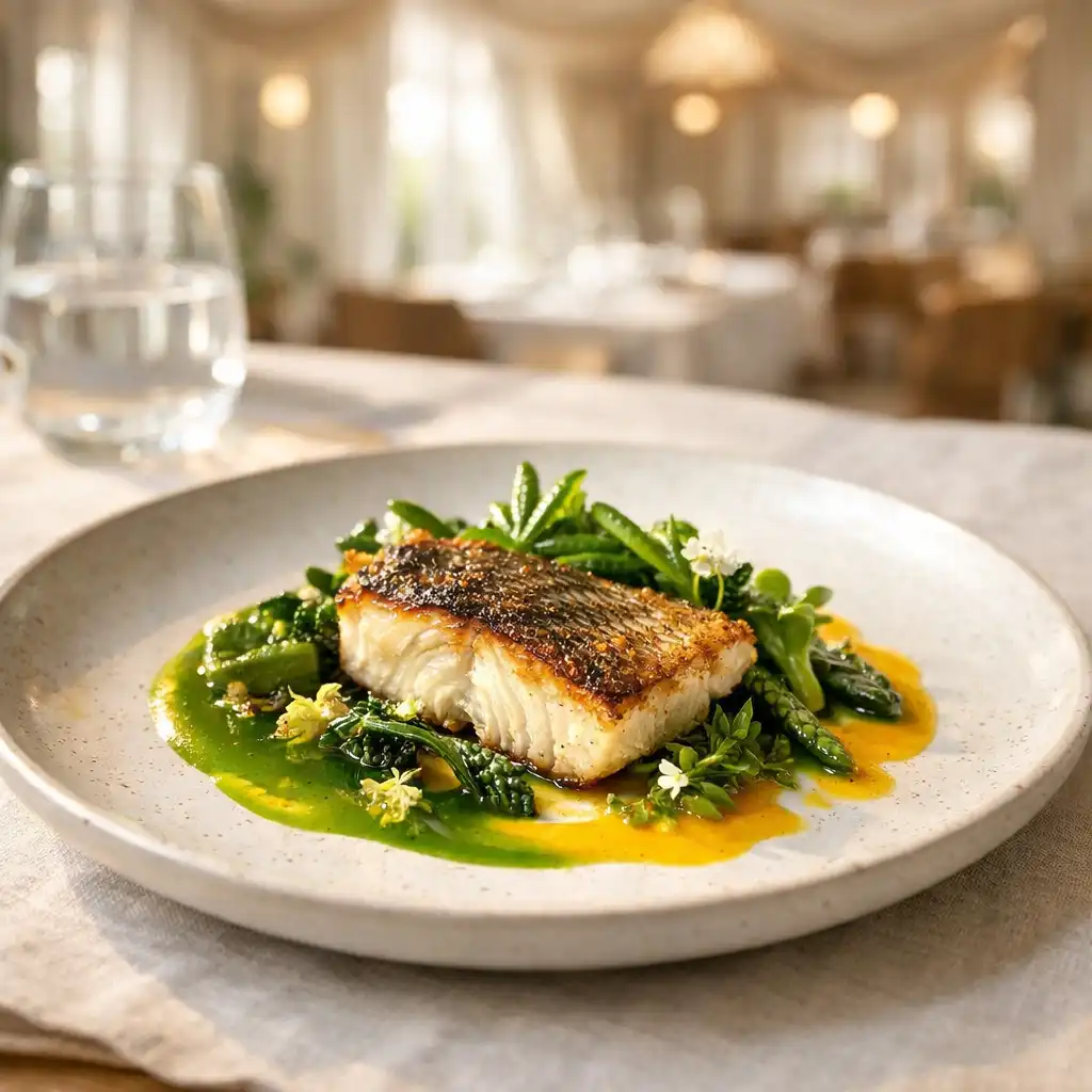 A beautifully plated contemporary Australian dish with seared fish, native greens, and a vibrant sauce on a linen tablecloth.