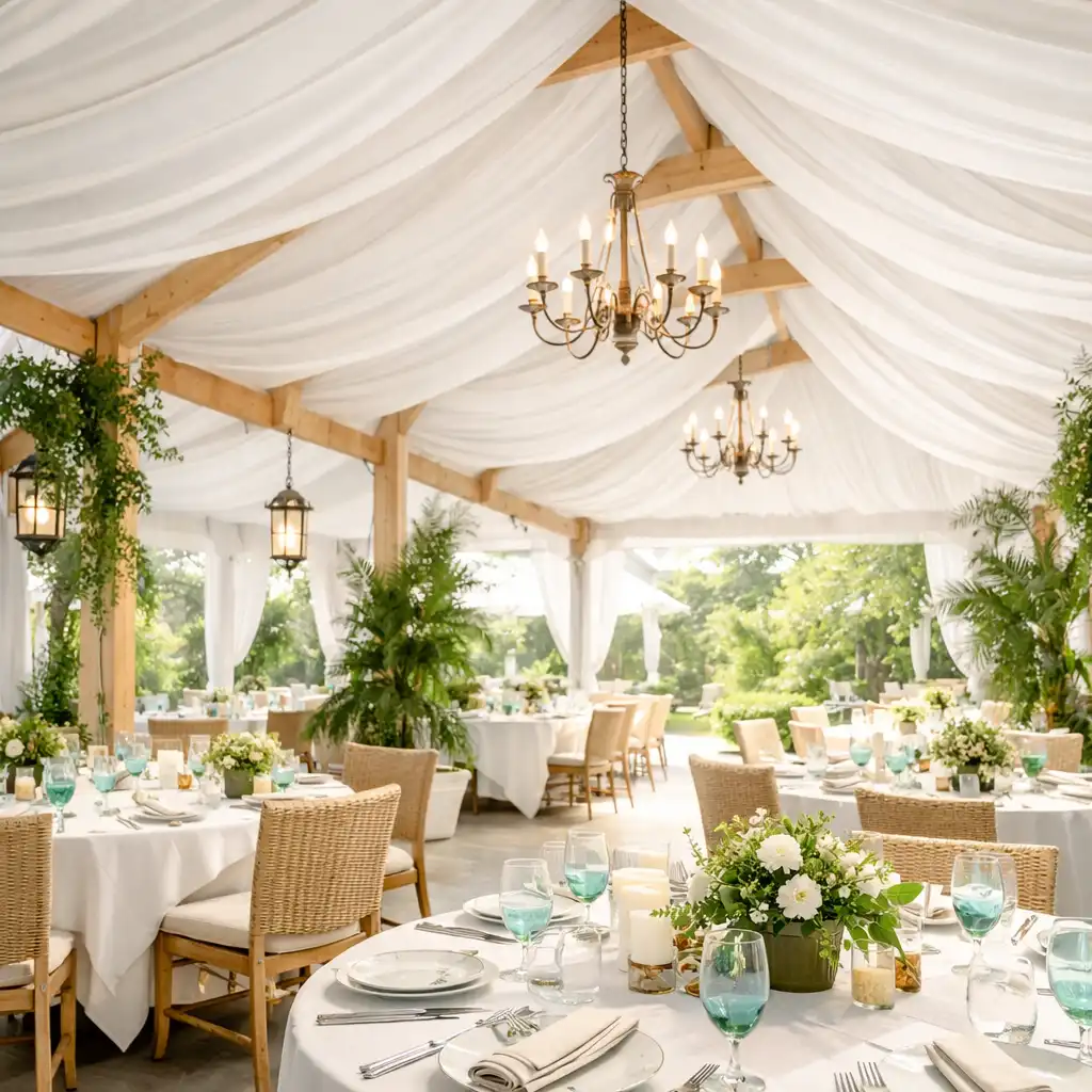Interior of the garden pavilion with marquee-style canopy, natural light, and lush greenery