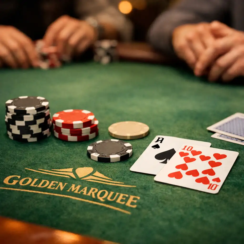 Close-up of a physical poker table at Golden Marquee showing green felt, neutral chips, playing cards, and players' hands