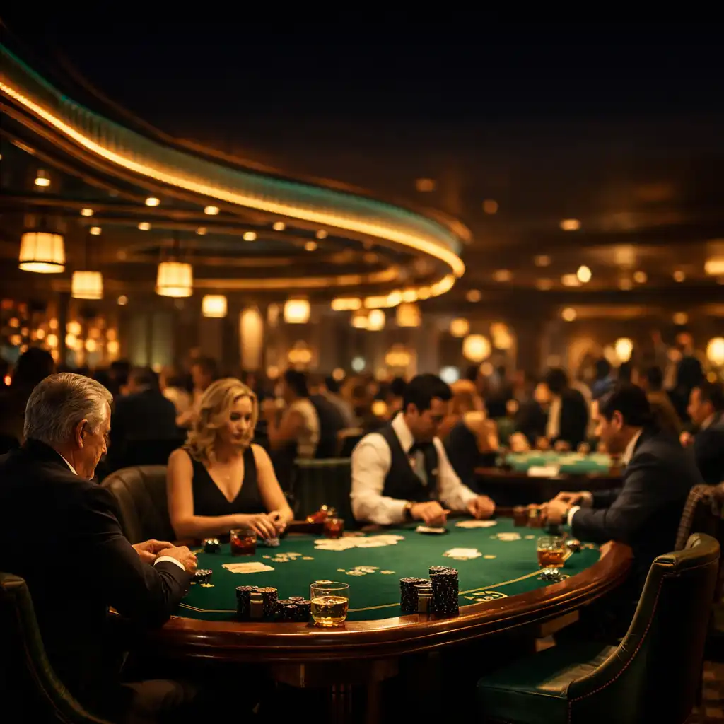 Golden Marquee Card Lounge at night with guests playing Texas Hold’em around physical poker tables under the marquee canopy