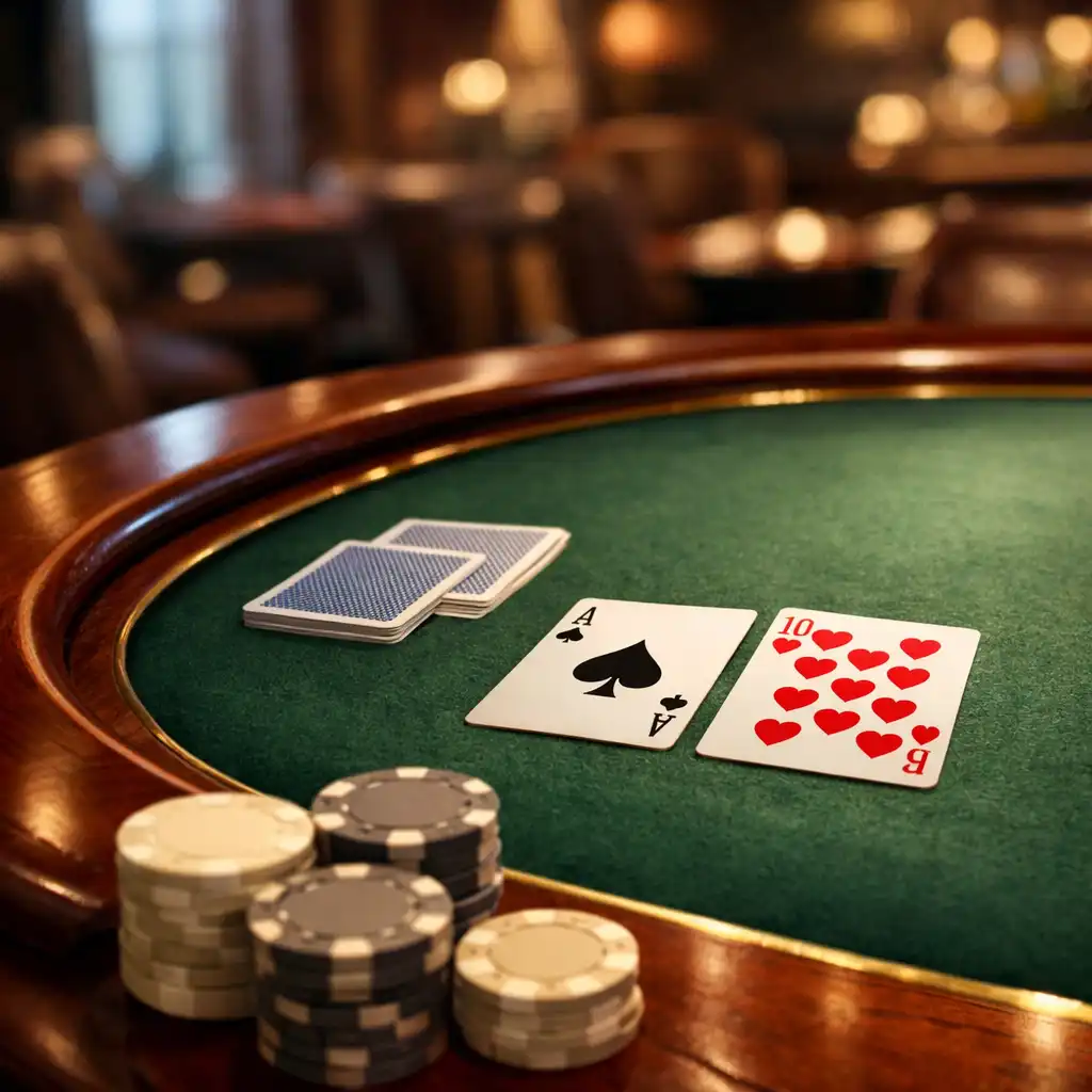 Close-up of a premium poker table with deep green felt, polished wooden rim, playing cards and neutral chips under warm focused lighting