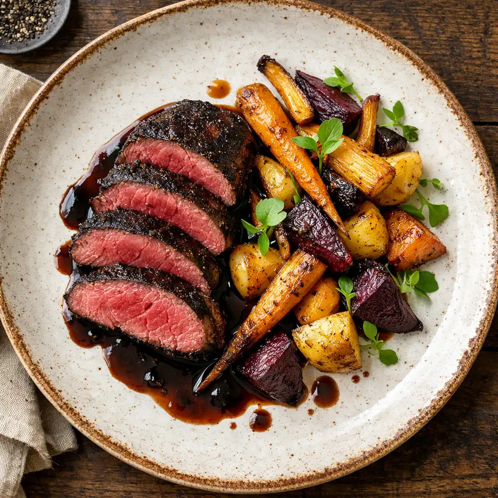 Charred kangaroo fillet sliced to reveal a rosy interior, served with roasted root vegetables and a dark jus.