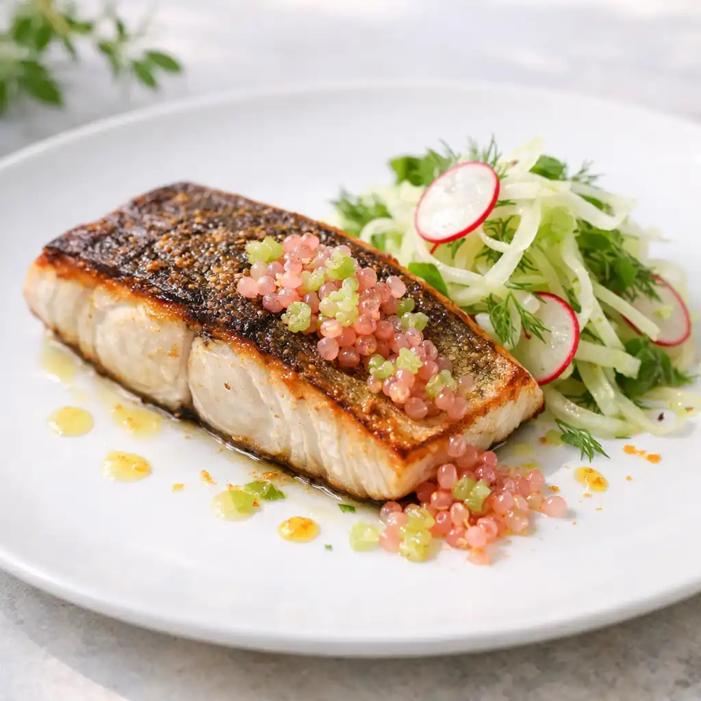 Crisp-skinned kingfish fillet with finger lime pearls and fennel salad on a white dish.