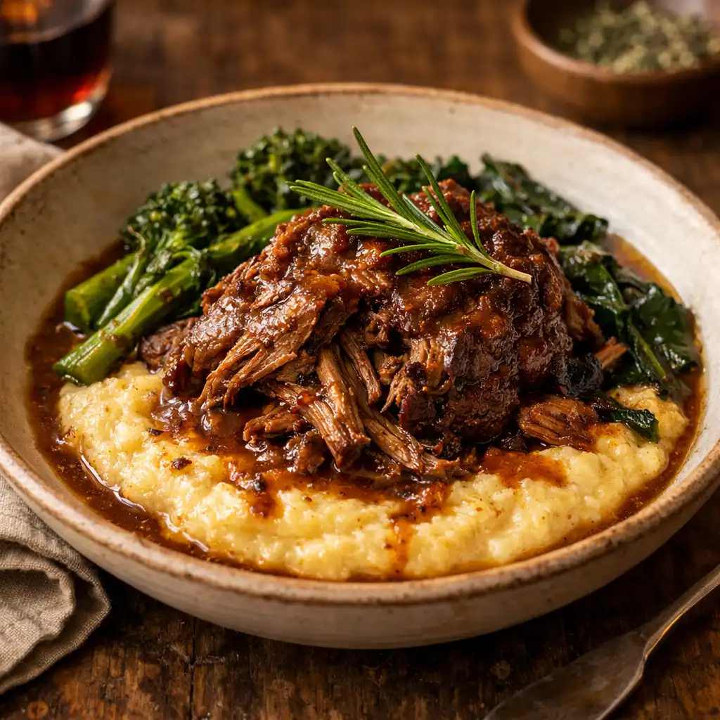 Slow-braised lamb shoulder with creamy polenta and seasonal greens in a shallow bowl.