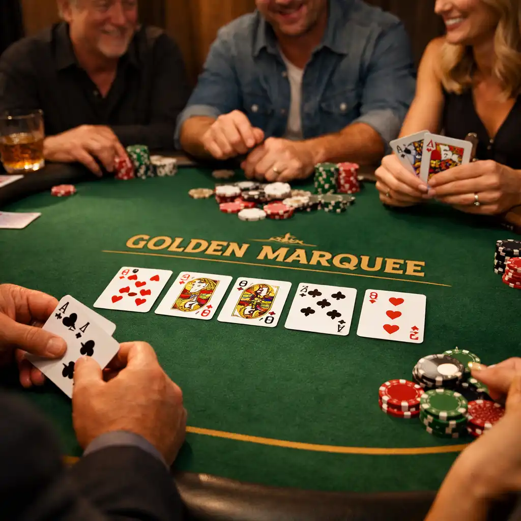 Texas Hold'em game in progress at Golden Marquee with community cards on the table and players' hands visible