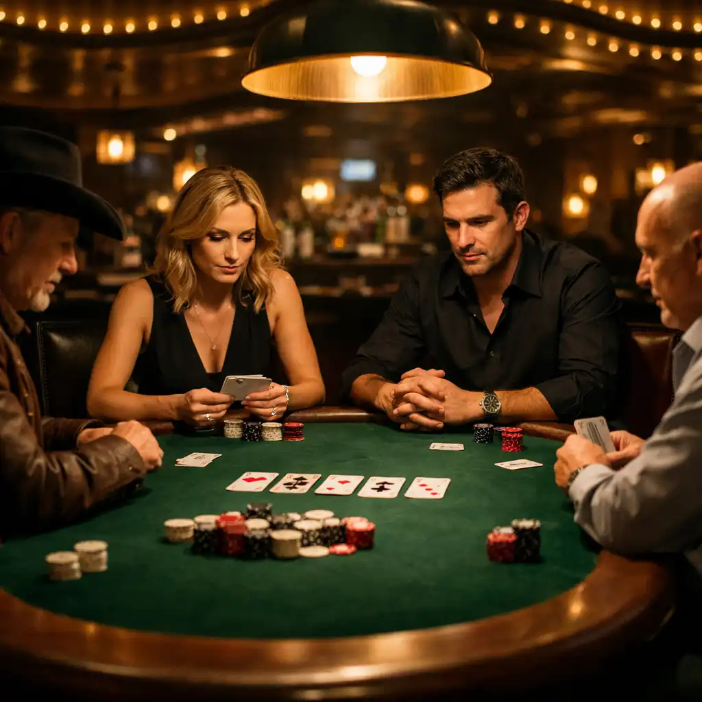Players seated around a physical Texas Hold'em table in the Golden Marquee Card Lounge, with warm overhead lighting and focused conversation.