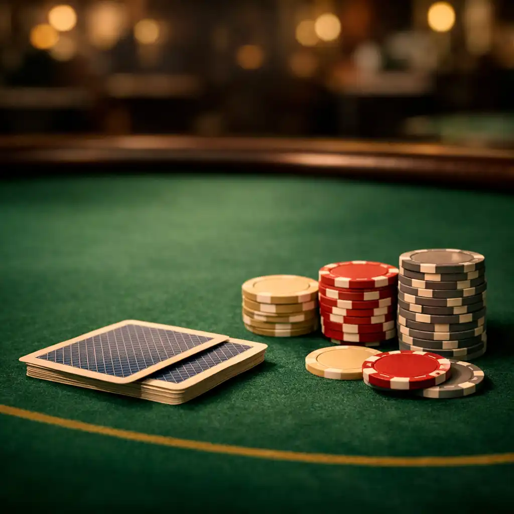 Close view of a Texas Hold'em table surface with face-down cards and neutral chips, showing the premium felt and warm lighting.