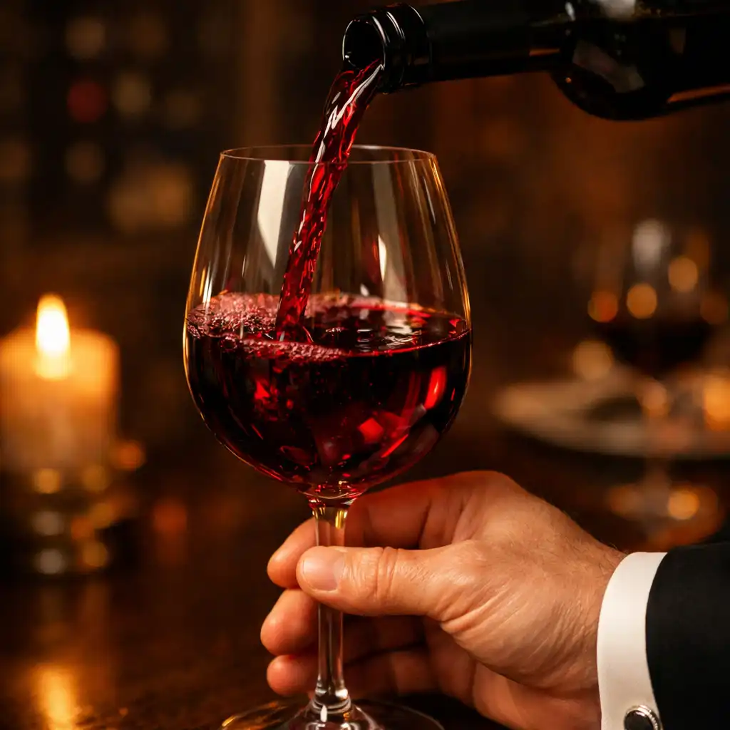 Glass of red wine being poured in a warm, intimate restaurant setting